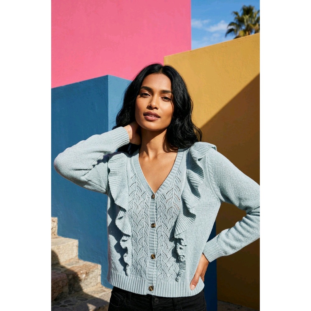 Lauren Conrad L Inez Blue Green Ruffle Pointelle Knit Cardigan Sweater NWT